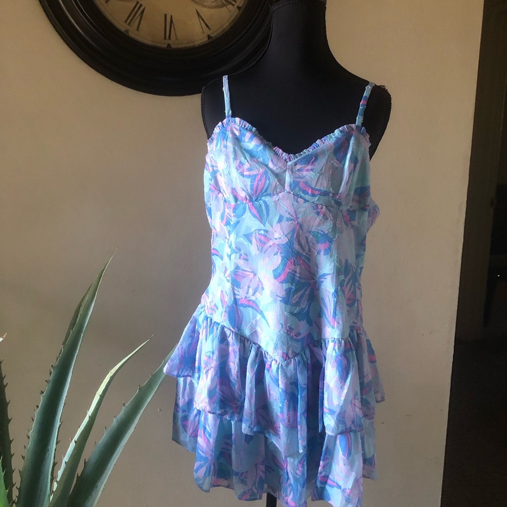 wild fable Light Blue Floral Tiered Slip Dress with Pink Accents